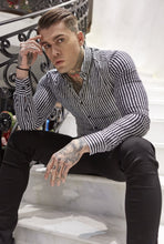 Load image into Gallery viewer, Father Sons Super Slim Stretch Black &amp; White Stripe Drip Print Long Sleeve - FS677
