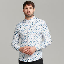 Load image into Gallery viewer, Father Sons Super Slim Stretch Blue Feather Print Button Down - FS595
